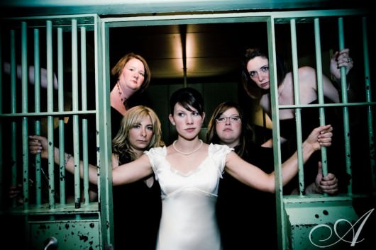 emily-and-erik-wedding-Emily and her ladies in Jail at the Mad Art Gallery- St. Louis, Mo