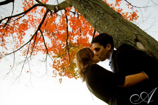 Andrea and Eric- love of couple under tree in fall- enagement portraits- north shore of boston ma