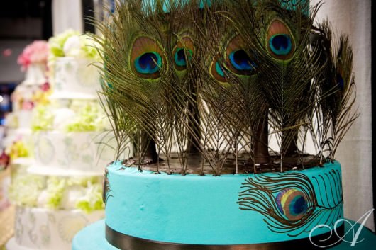 wedding detail of blue cake with peacock feathers- south boston