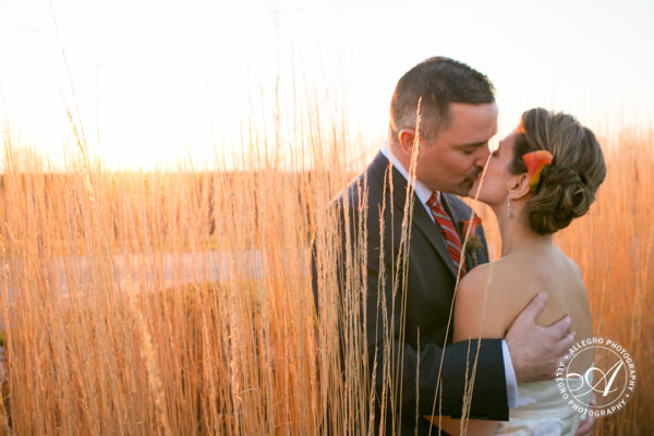 couple's kiss during portraits in the grasses