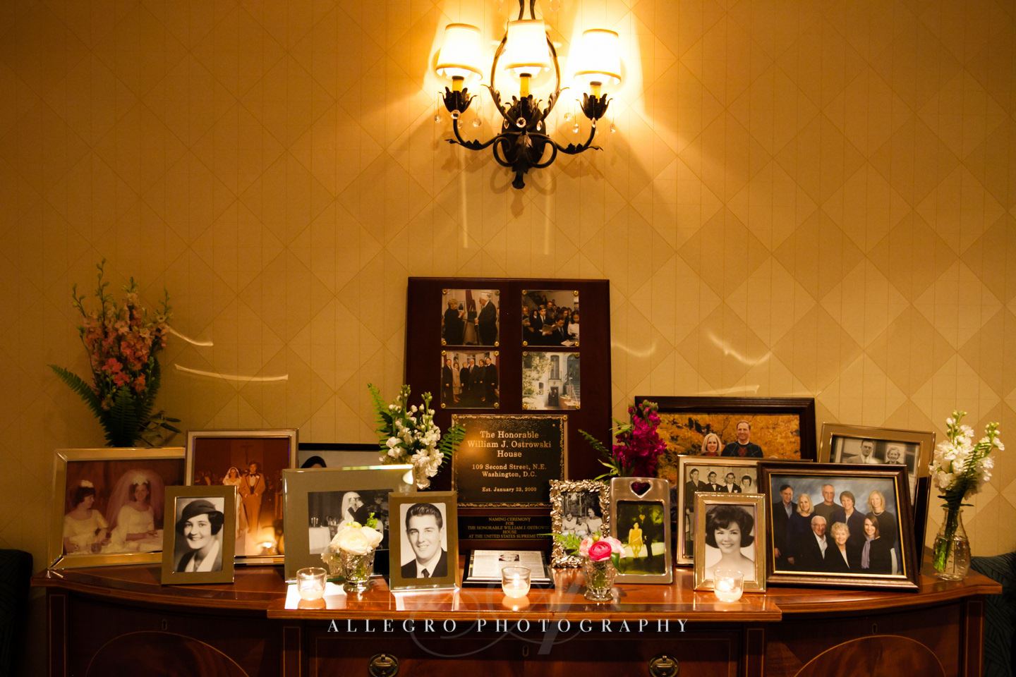 Memories of weddings past table in the lobby of wharf room- photo by allegro photography