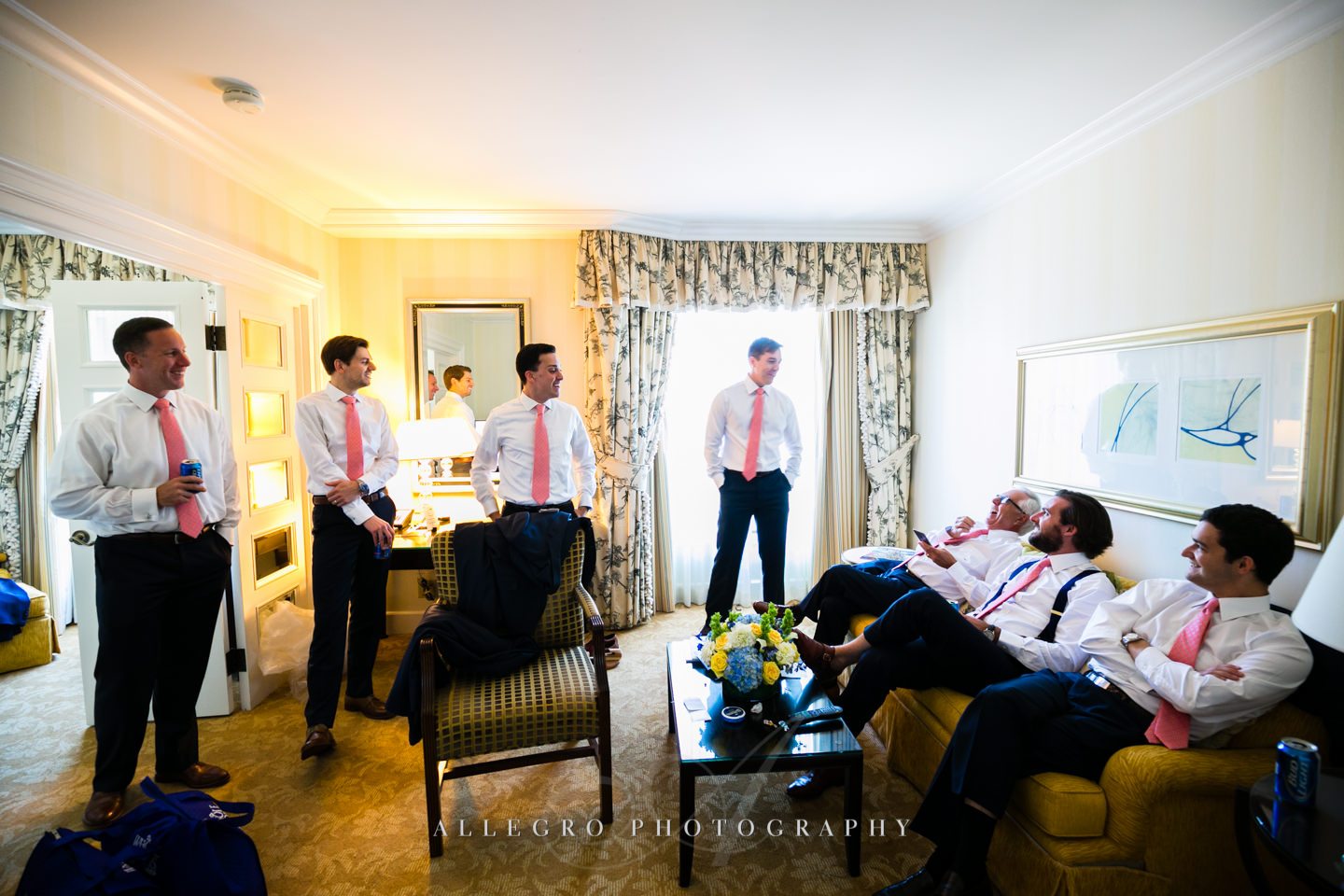 groomsmen in pink ties- four seasons hotel - photo by Allegro Photography