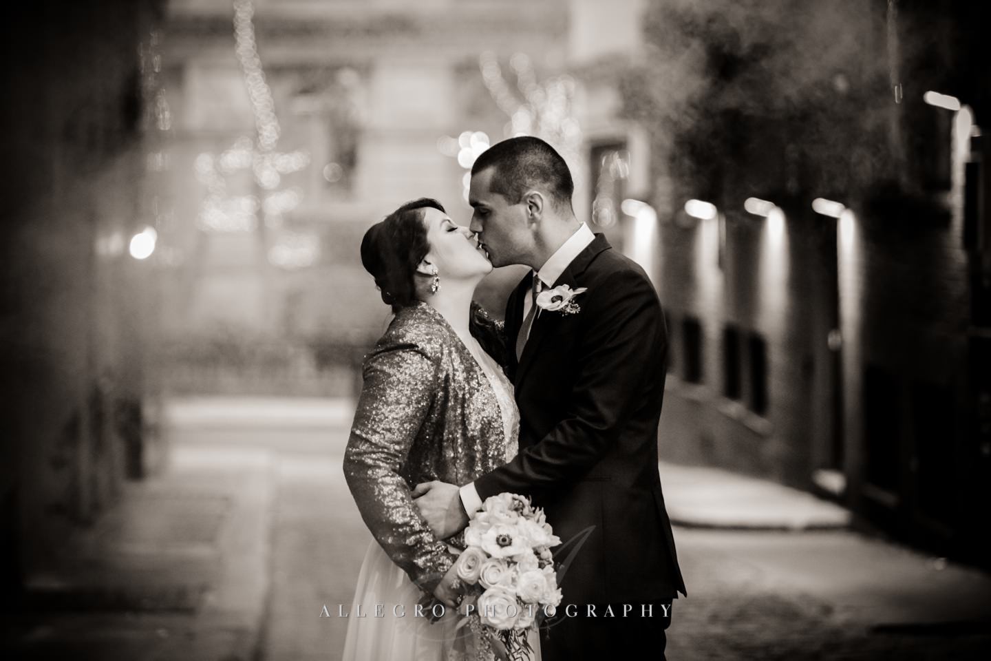 smokey alley way kiss in downtown boston -photo by Allegro Photography
