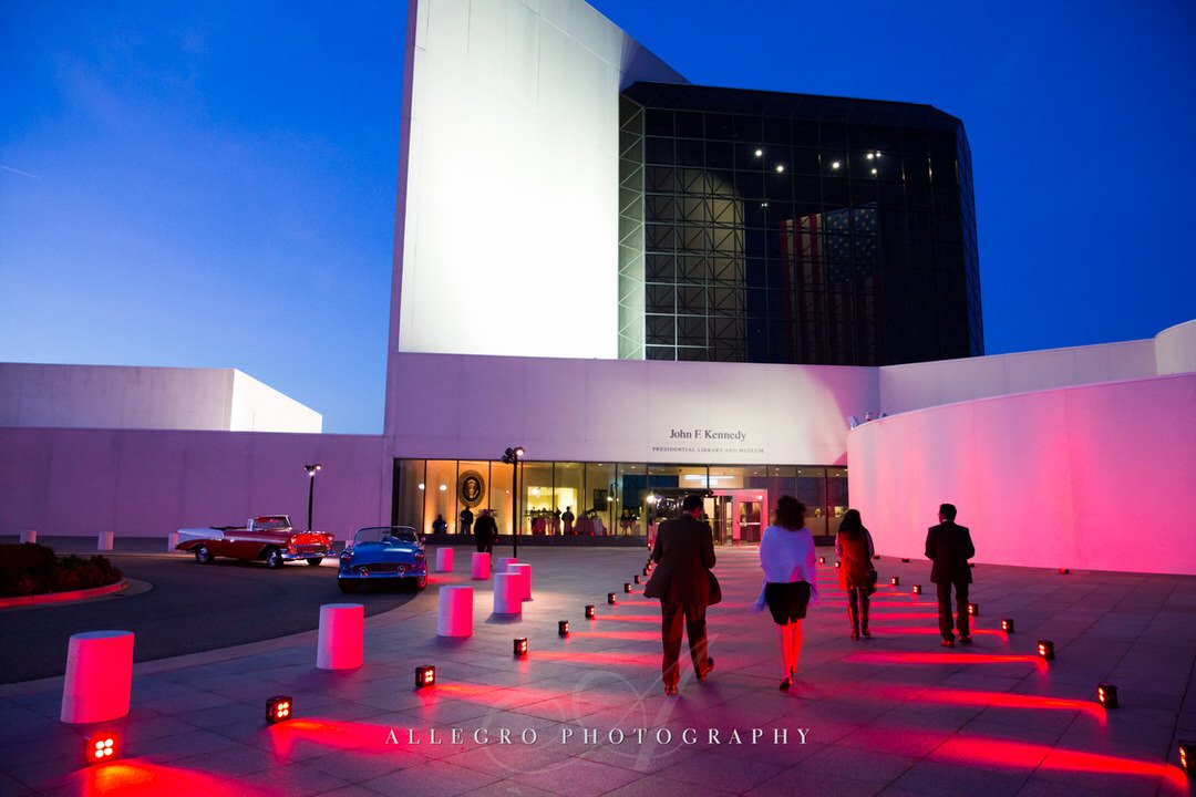 jfk library wedding - red carpet with lights - photo by Allegro Photography