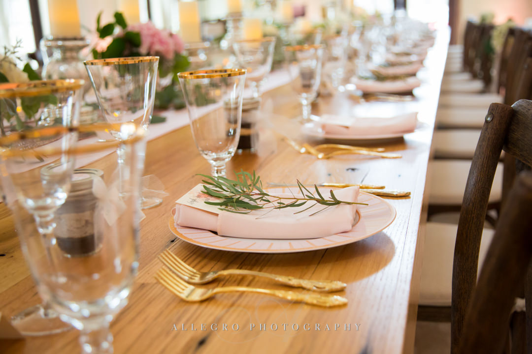 gold and green place setting at mirbeau inn & spa - photo by allegro photography