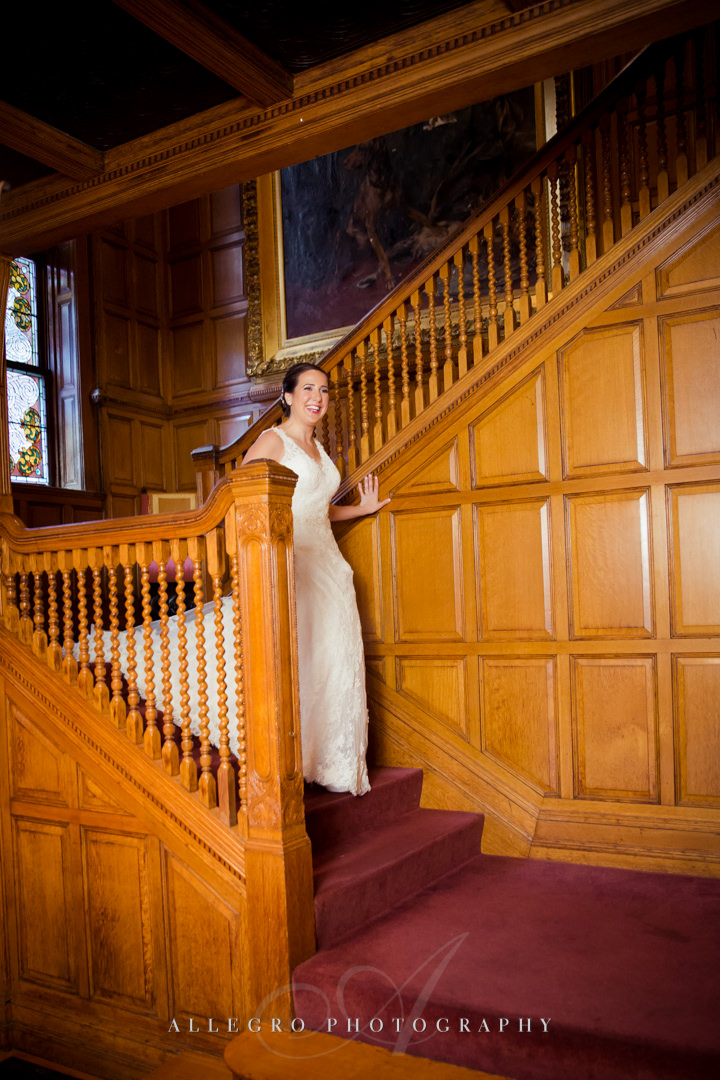 bride descending the stair case at the stevens estate - photo by allegro photography