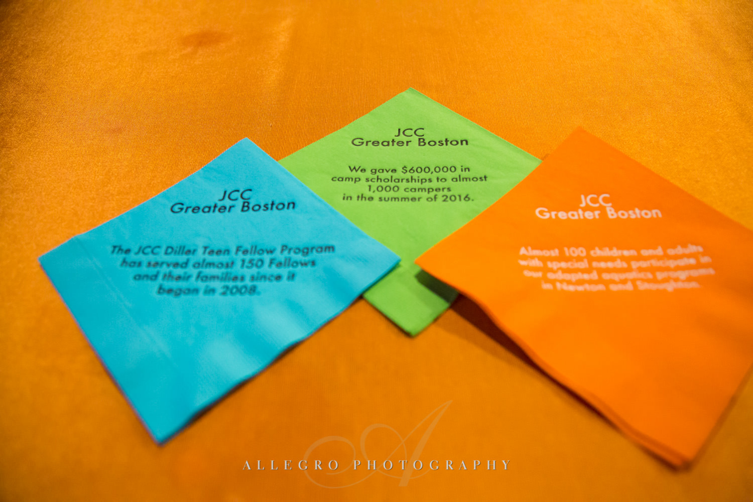 Meaningful napkins at nonprofit event for JCC@333 shot by Allegro Photography