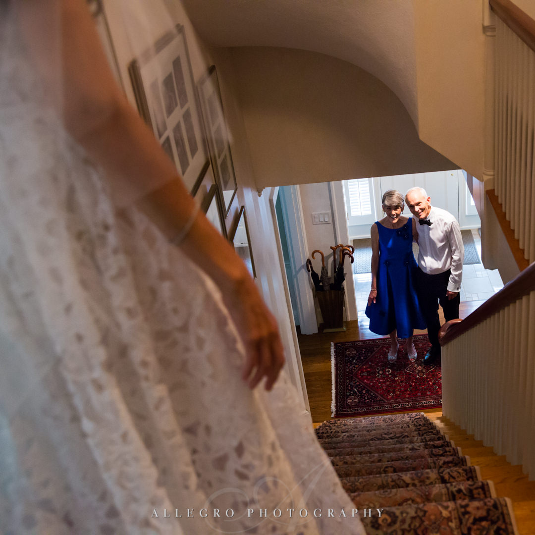 allegro photography: first look by mom and father of the bride at needham home 