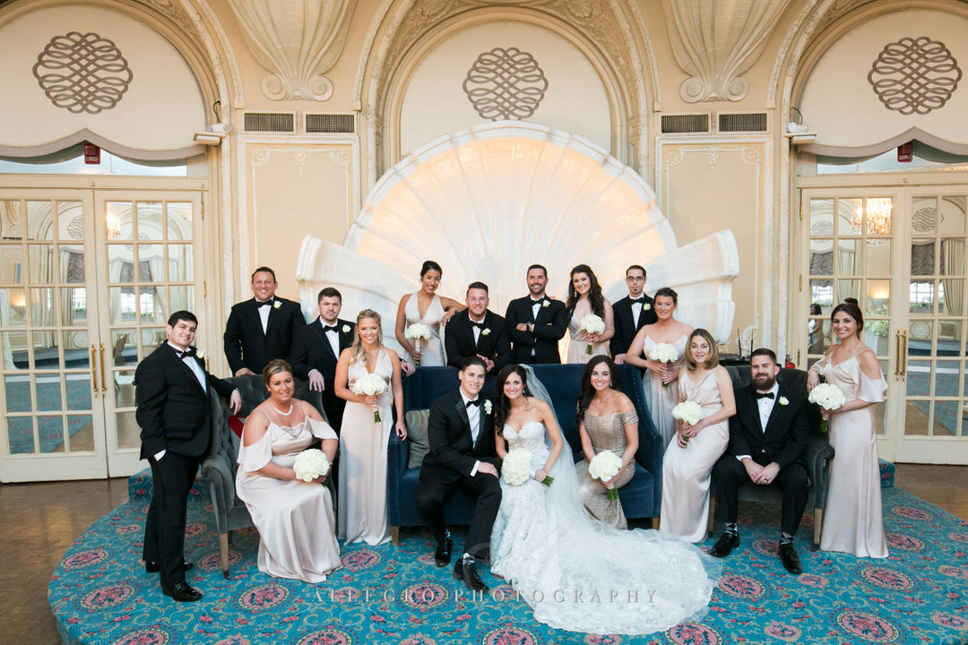 big family portrait with bride and groom