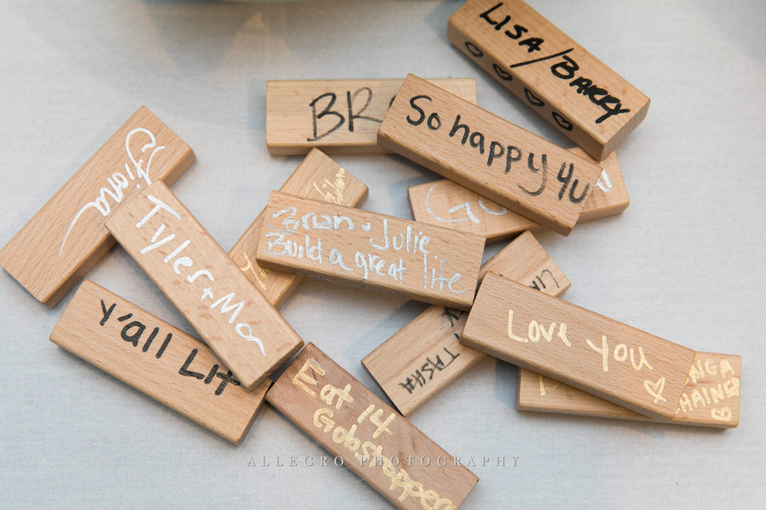 jenga pieces with cute sayings for bride and groom